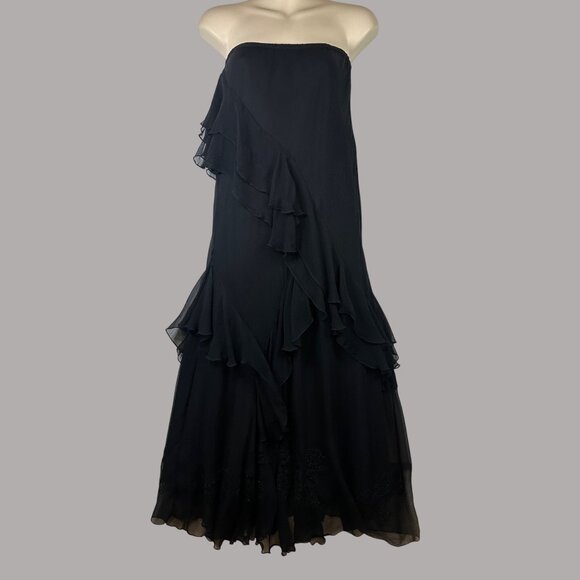 VTG Newport News Strapless Black Dress W M Gothic Whimsygoth Flowy Silk Overlay - Picture 1 of 10